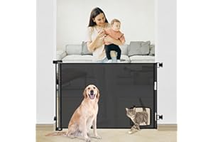BINGGUZ Retractable Baby Gate with Cat Door (55” Wide x 35” Tall) Retractable Dog Gate with Pet Door Mesh Pet Gate with Cat Door for Puppy Dogs Cat Gate for Doorway/Stairs/Indoor and Outdoor (Black)