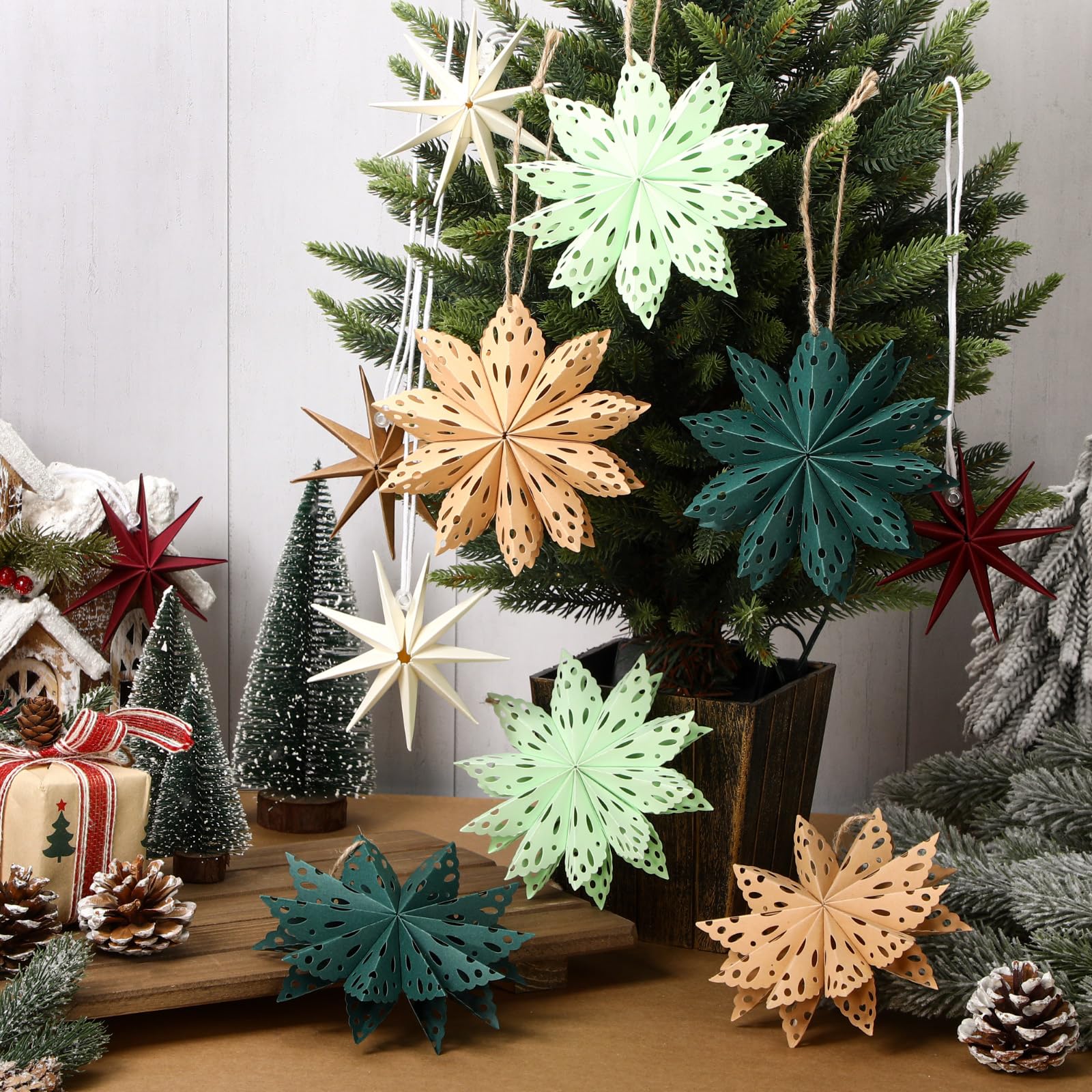 Photo 1 of Leinuosen 12 Pcs Mini Christmas Snowflake Ornament 3D Mini Paper Star Ornament Paper Hanging Decorations for Christmas Tree Boho Style Indoor Home Decor Vintage Farmhouse Decorations(Multi-Color)
