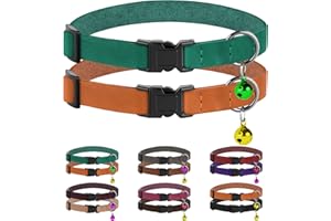Murom Breakaway Cat Collar with Bell 2PCS Set Adjustable Leather Pet Collars for Cats Kitten Pink Orange Red Green Brown Gray Purple Black (Green + Orange)