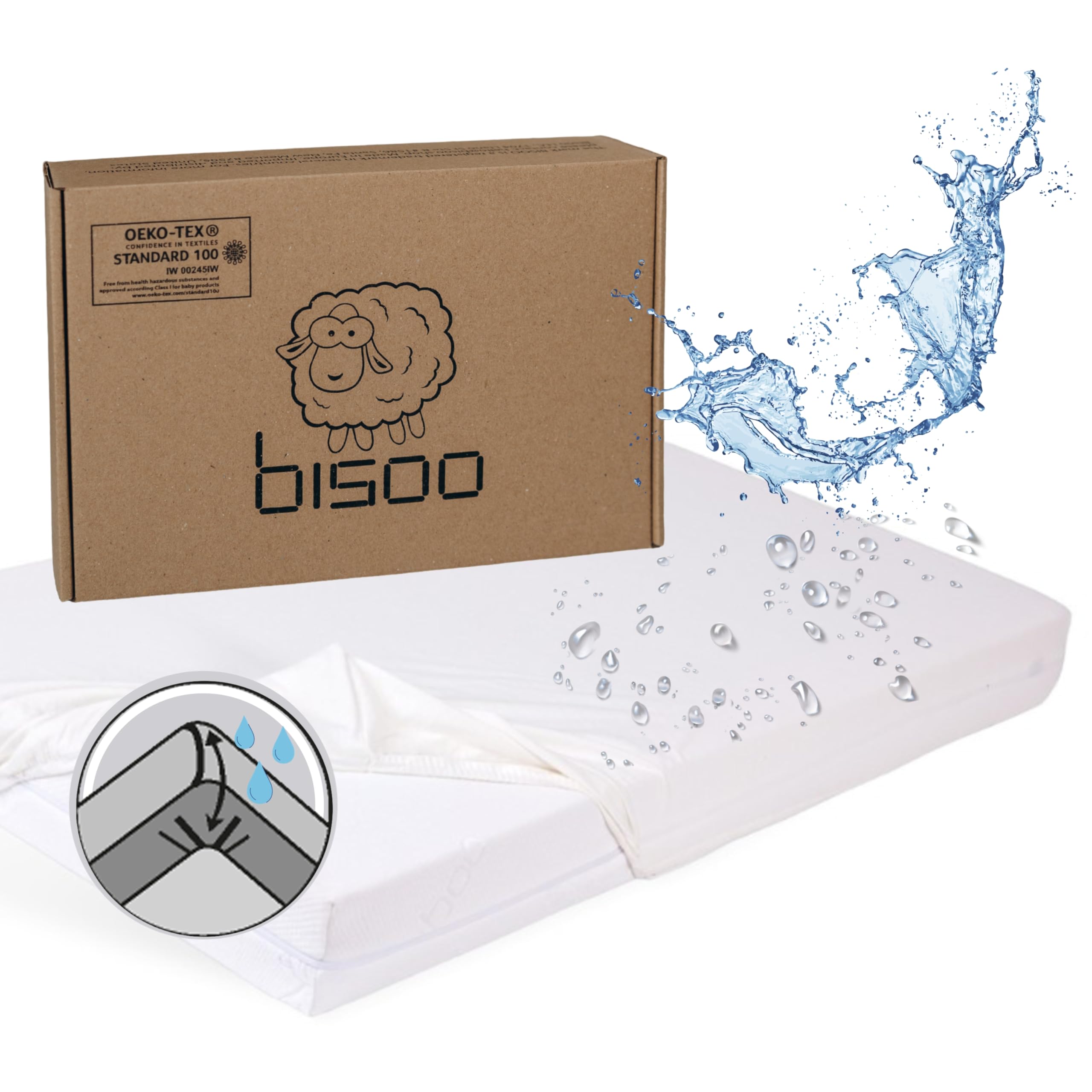 Bisoo Waterproof (Top+Corners) Cot Bed Sheets 140 x 70 Fitted / 28x55 in - 2in1 Fitted Sheet Mattress Protector Made of 100% Jersey Oeko-Tex + PU for Toddler Cots Beds & Cribs - Soft & Silent - White