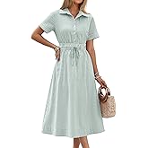 ANRABESS Womens Summer Midi Dress Short Sleeve Striped Plaid Button Collar Shirt Dresses 2026 Casual Beach Vacation Clothes Green White Stripe M