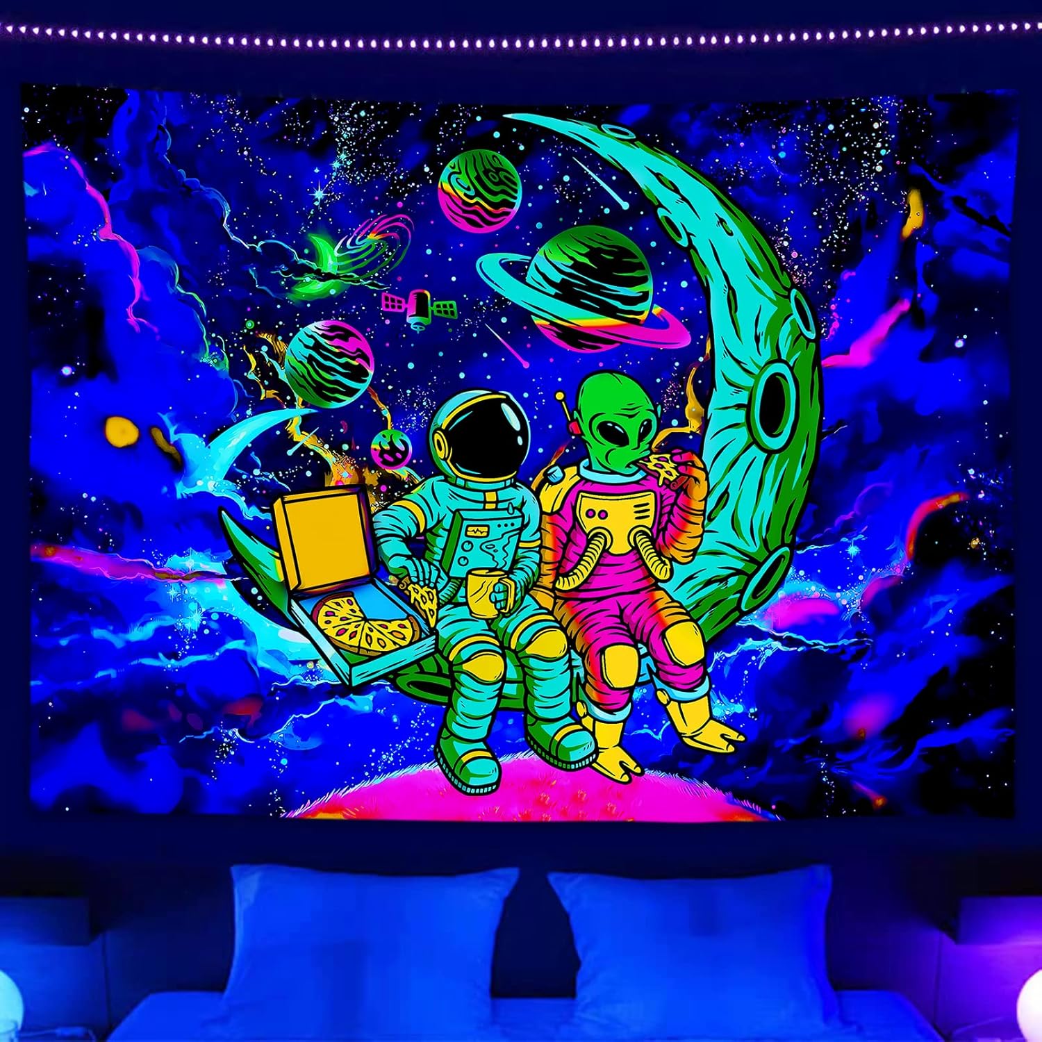 Tapestries - Funny Space Astronaut Alien Blacklight Tapestry UV Reactive Poster, Trippy Universe Black Light Decor for Men Guys Room Bedroom Cool Small Psychedelic Hippie Glow in the Dark Tapestries Wall Hanging