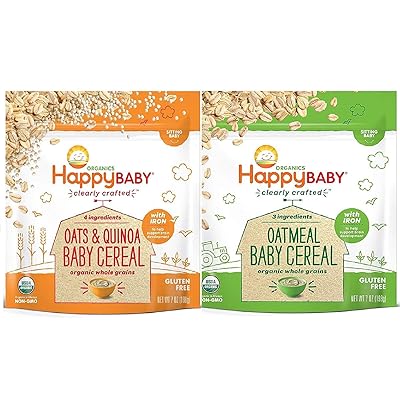 Happy Baby, Clearly Crafted Cereal (VARIETY PACK 2PK) - [Organic Whole Grain Oats and Quinoa] &amp; [Organic Whole Grain Oatmeal], 7 Ounce, Organic Baby Cereal in a Resealable Pouch, with Iron to Support