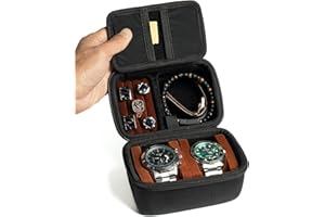 RIGICASE 2 slots Watch travel case, with accessories compartment for rings cufflinks watch band, Hard Portable Watch box holder Organizer with soft pillow fit up to 55mm