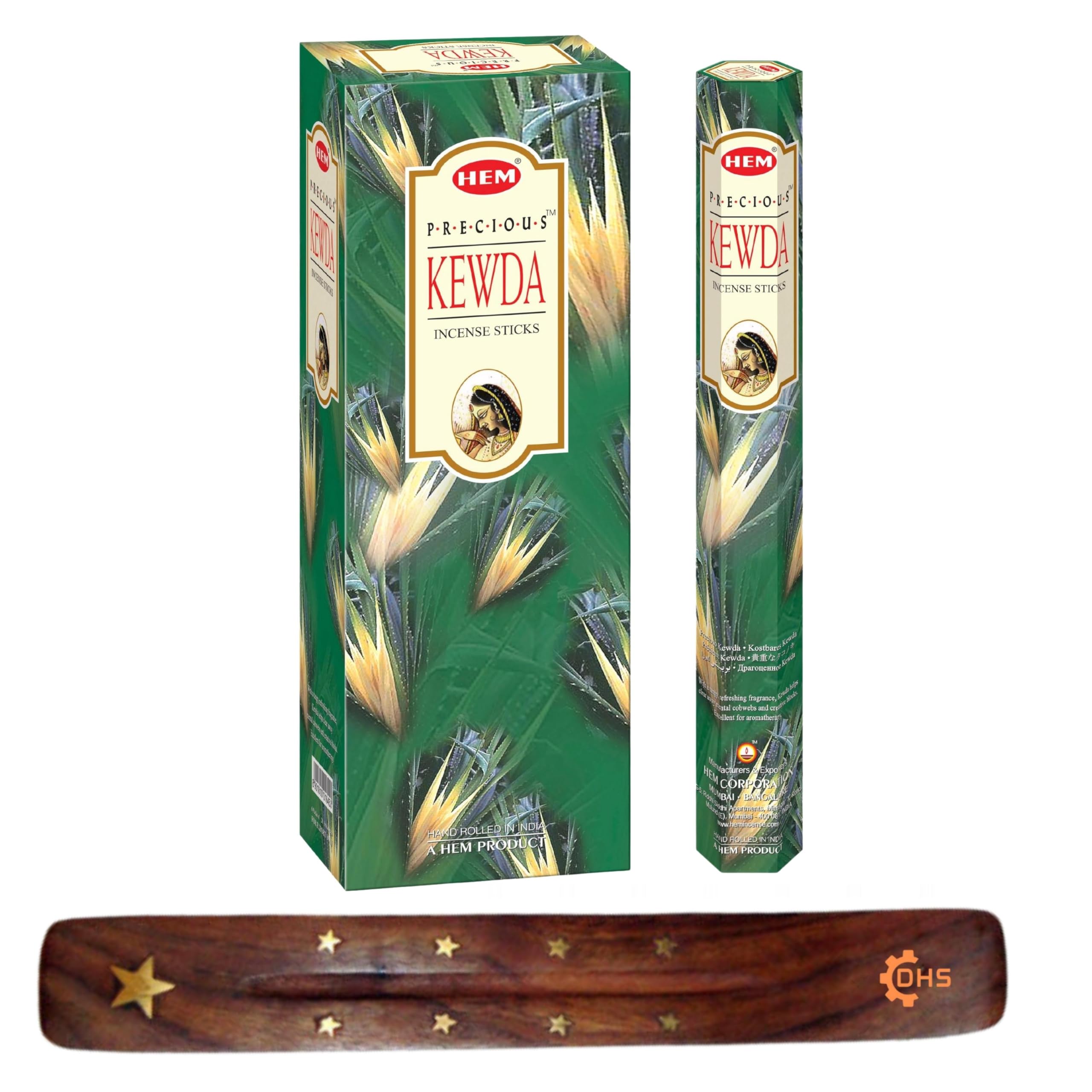 HEM Precious Kewda Incense Sticks full box of 6 with DHS stick holder for Aromatherapy, Relaxation, Spirituality,Spa,Yoga,Meditation and Healing…