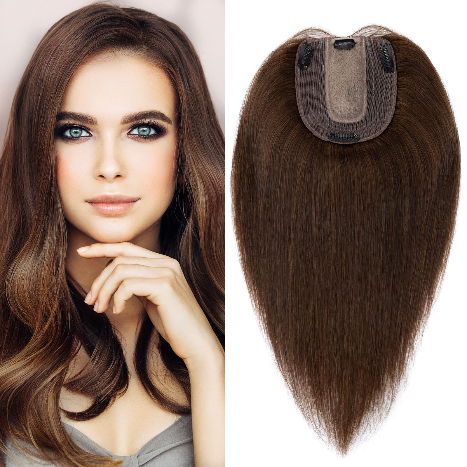 S-noilite Human Hair Toppers for Thinning Hair Women Real Hair Topper Hair Piece Clip in Toupee 100% Remy Real Human Hair 27g（#4 Medium Brown, 6 Inch）
