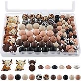 HHCFAST 100PCS Silicone Beads Set, Lentil Rhinestone Spacer Print Silicone Beads 15mm and 12mm for Pens and Keychain Making（Brown Cow）