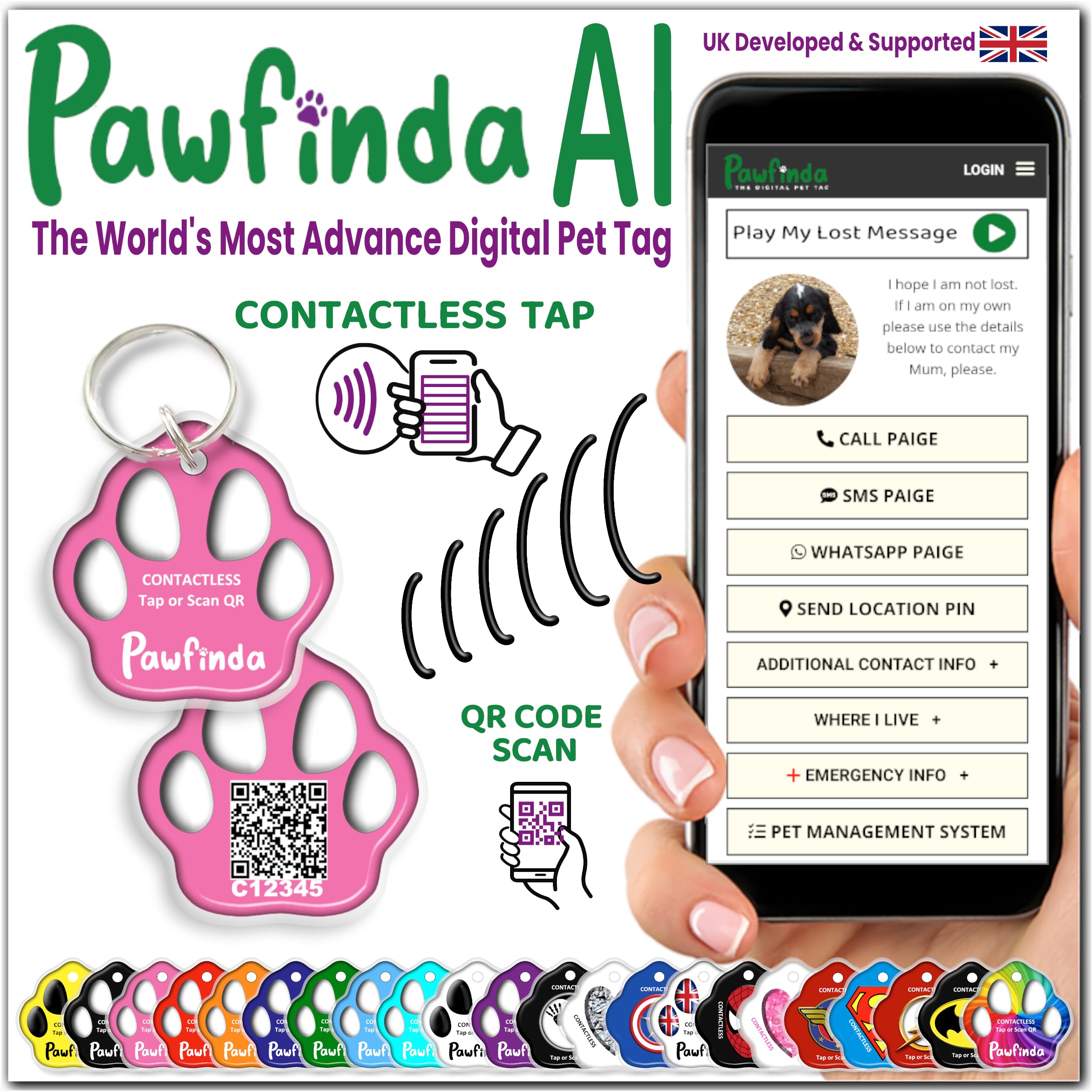 PAWFINDA – Next-Generation Personalised Cat & Dog ID Tag | Engraved Pet Tag with CONTACTLESS NFC, QR Code Technology & PawVoice AI | No App Required | Waterproof & Durable | UK-Based Support