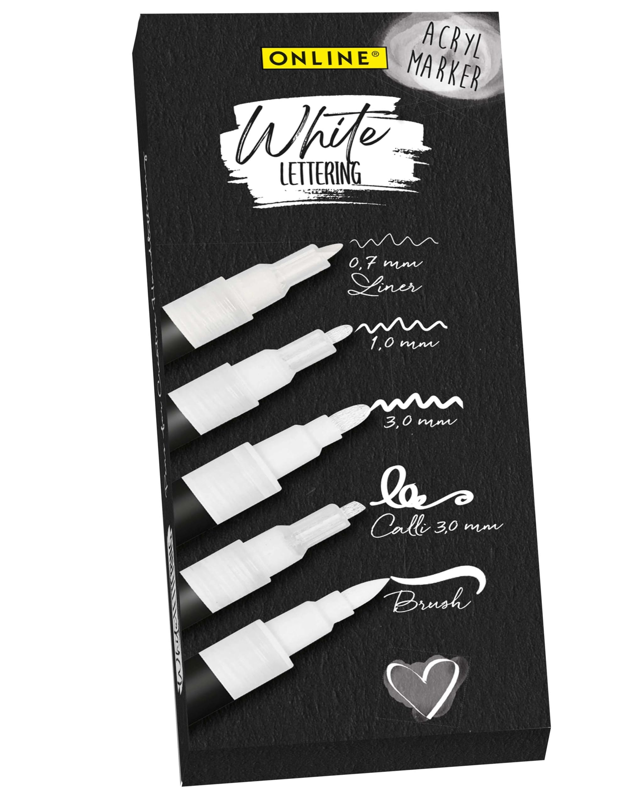 Online Set of 5 Hand Lettering Pens, White, Strong Opaque Hand Lettering Starter Set with Brush Pen, Fineliner, Calligraphy Pen & Markers, White Acrylic Marker Pens for Bullet Journal, DIY Projects