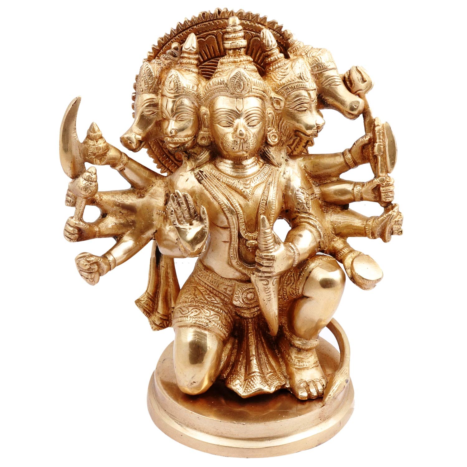 Purpledip Brass Idol Hanuman Bajrangbali in Panchmukhi Avatar: Unique Indian God Statue Showpiece Gift (10682A)