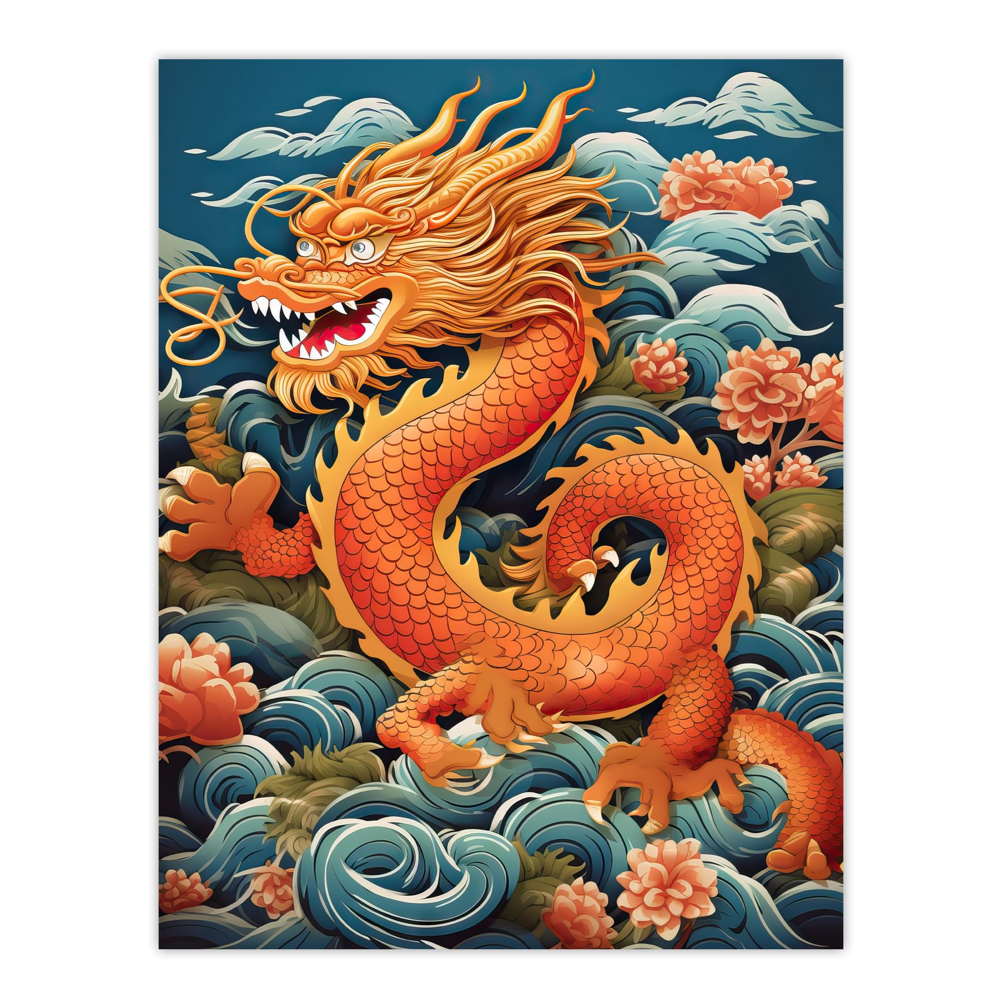 Artery8 Fantasy Chinese Dragon Traditional Orange Clouds 2024 Chinese Year Of The Dragon Unframed Wall Art Print Poster Home Decor Premium