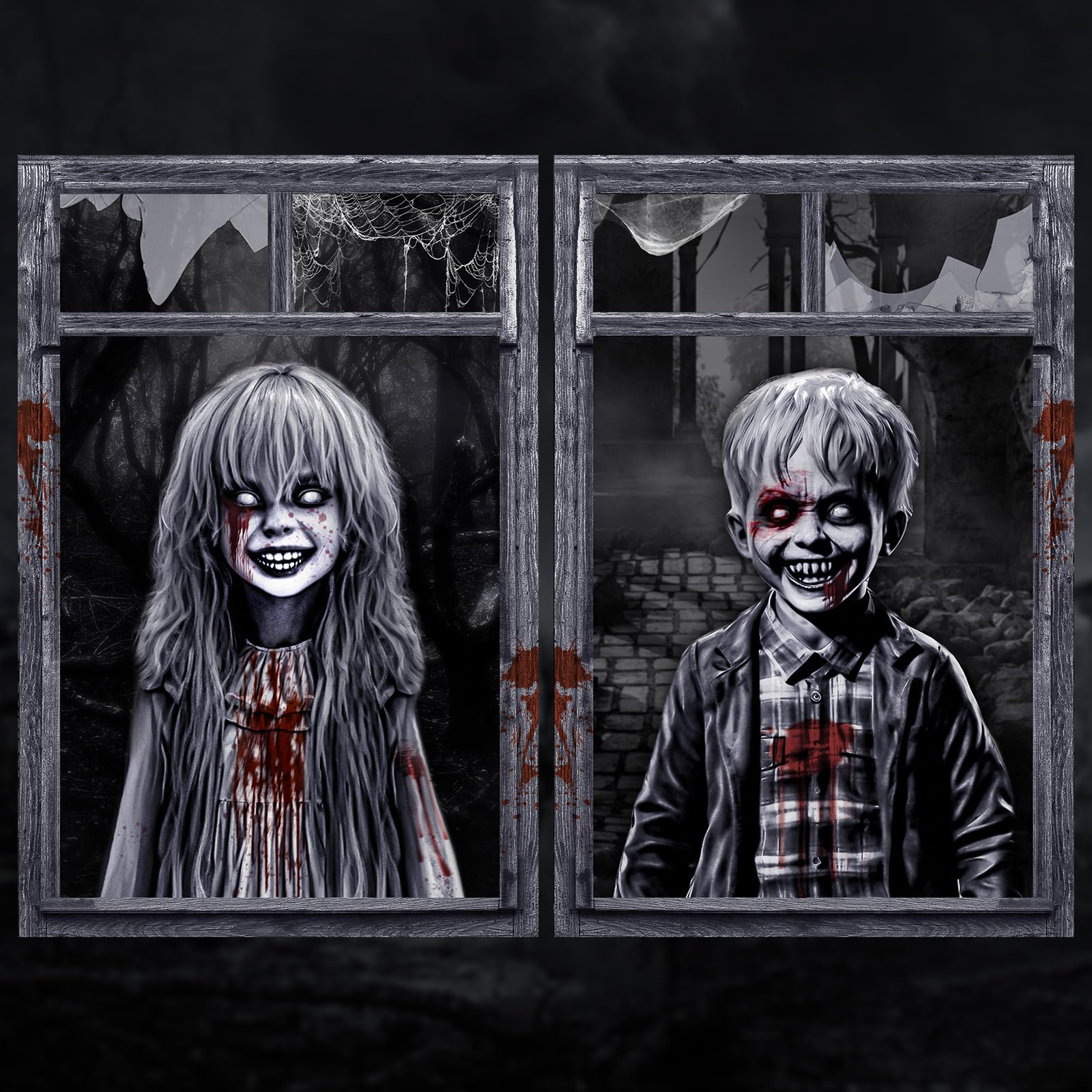 Photo 1 of 2 Pack Scary Halloween Ghost Curtain Decorations - Spooky Girl and Boy Window Cover Silhouette Decoration for Indoor Outdoor Party Decor