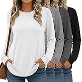 Huukeay 4 Pack Womens Long Sleeve Shirts Loose Fit Tunic Tops Crew Neck Curved Hem Basic Casual Layering Shirts