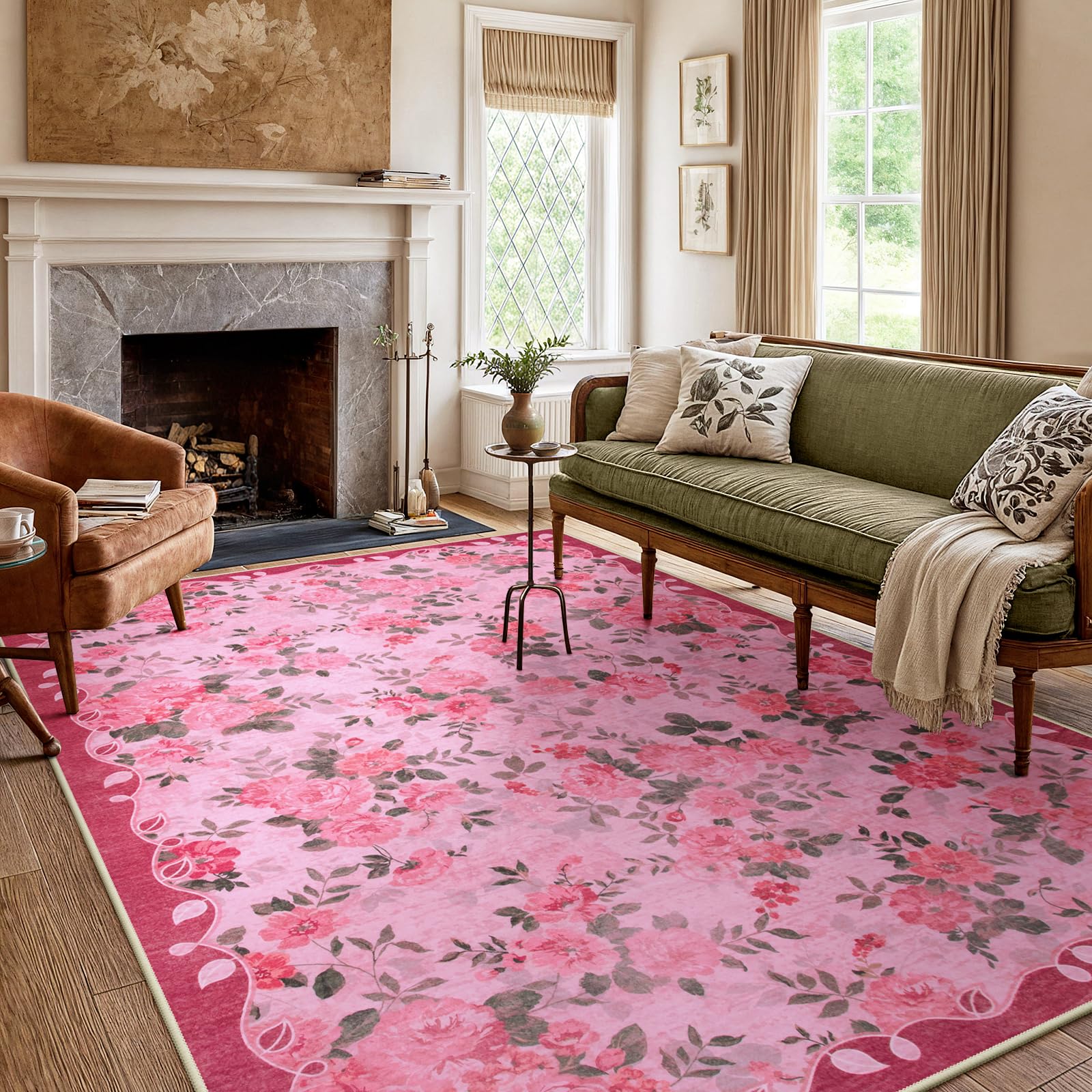 Photo 1 of (BAGGED) (USED/FAIR) Lahome Floral Area Rugs 5x7 Washable,Hot Pink Rugs for Bedroom Farmhouse Living Room Rugs, Ultra-Thin Non Slip Carpet Non-Shedding Rug for Dining Room,Kids Playroom,Nursery (5'X7',Pink)