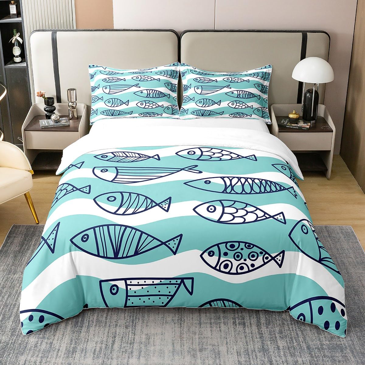 Homewish Cartoon Fishes Comforter Cover Single,Geometric Fish Cotton Duvet Cover for Kids Boys Girls,Mint Green and White Stripes Bedding Set,Kawaii Ocean Life Quilt Cover with 1 Pillow Case Zipper