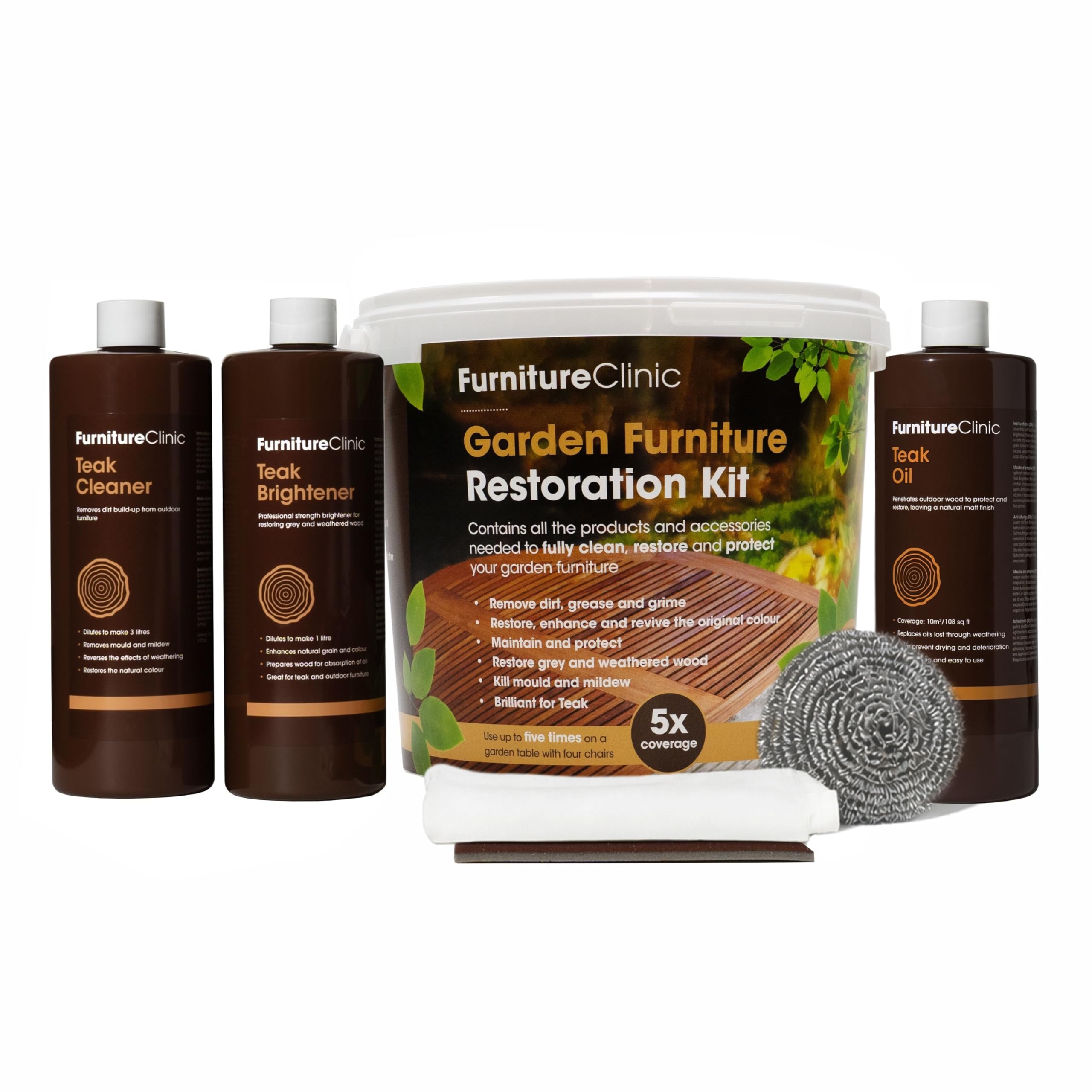 Furniture Clinic Garden Furniture Restoration & Wood Maintenance Kit - Wooden Outdoor Furniture Cleaner, Restorer & Protector Treatment - With Teak Oil, Teak Cleaner, Teak Brightener & Accessories