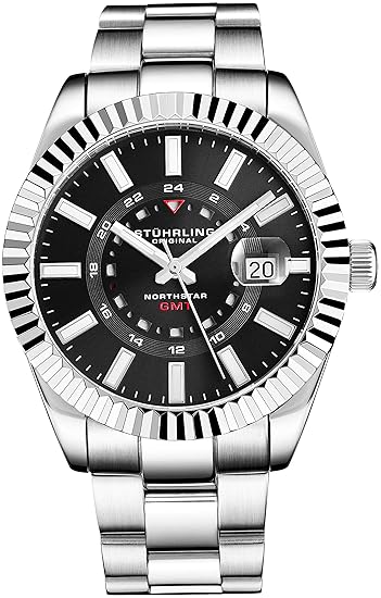 Stuhrling Original Herrenuhr Northstar aus Edelstahl, Schweizer Quarz, Dual Time, Datum mit Quickset, geriffelte Lünette, kon