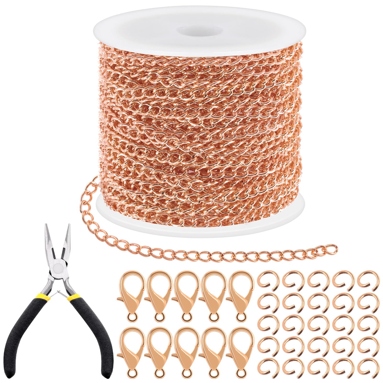 Tanstic 102Pcs 30 Feet Jewelry Making Chains Necklace Chains Bulk Cable Link Chain with 50Pcs Jump Rings, 50Pcs Lobster Clasps, Pliers for Bracelet Necklace Making(Rose Gold)