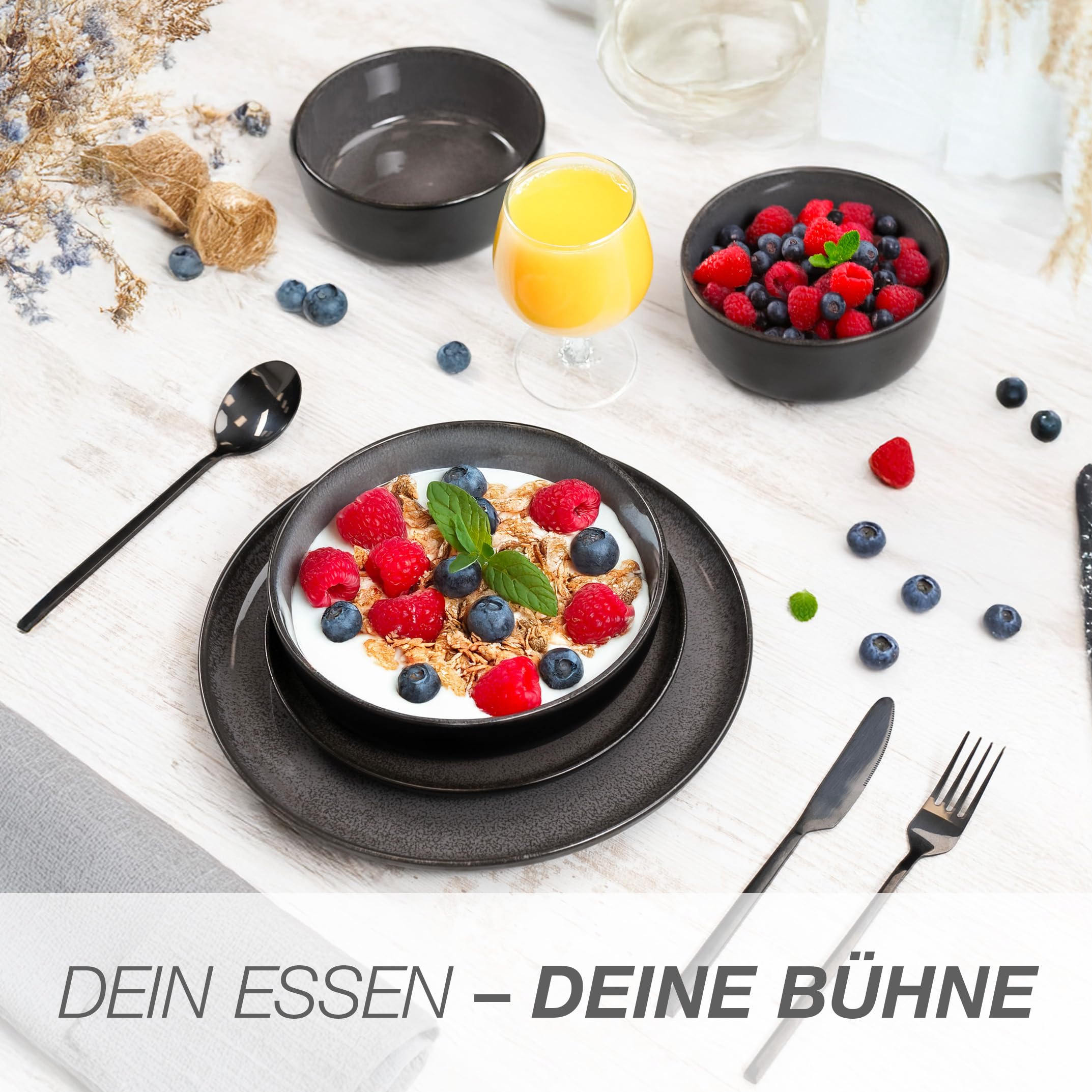 Moritz & Moritz VIDA Geschirrset 6 Personen Anthrazit 18-tlg. - Modernes Porzellan Geschirr Set - Kratz-, Mikrowellen- & Spülmaschinenfest, Essgeschirr, Tafelservice, Kombiservice 6 Personen 6