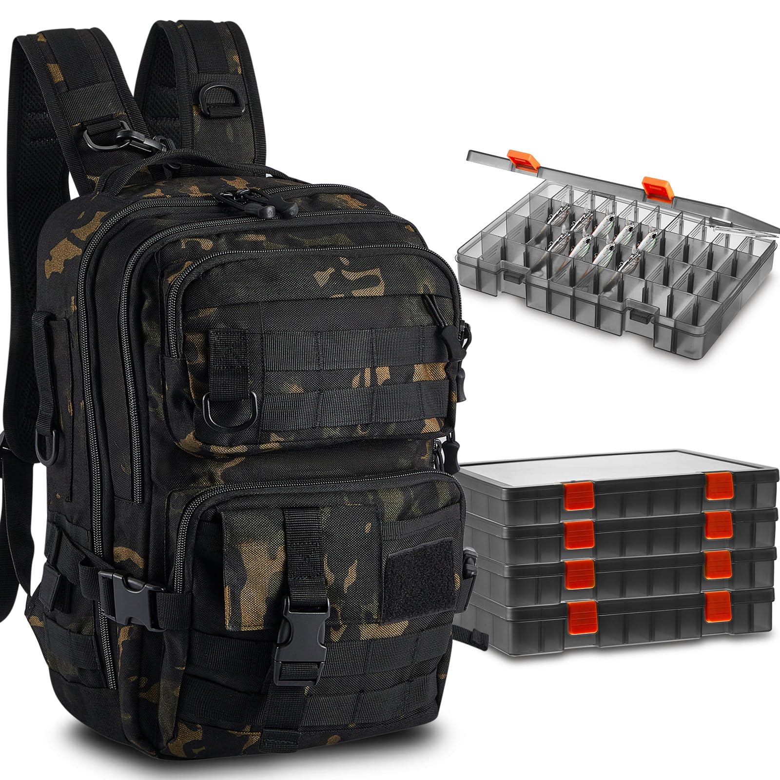 Photo 1 of Locmeo Fishing Tackle Backpack with Rod Holders and 4 Tackle Boxes Large Storage Fishing Bags Water Resistant Tackle Bag for Camping Hiking Travel Gear and Equipment(Camouflage,Shoulder Bag)