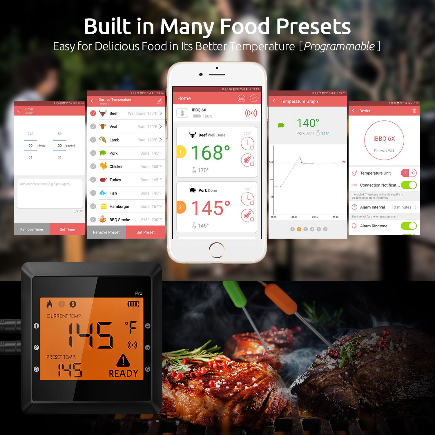 Meat Thermometer Wireless Smart Digital Bluetooth Super Fast Instant Read 6 Long Probes Grill Thermometer, Phone App Wifi Remote Food Thermometer for Kitchen Cooking Food BBQ Grill Candy Smoker ( IOS & Android )