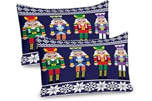 Lunarable Nutcracker Pillow Sham Set of 2, Colorful Retro Style Pattern with Xmas and Scandinavian Motifs, Quality Microfiber Bedding Item for All Seasons, 26" x 20", Navy Blue and White