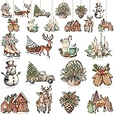 24 Pcs Christmas Vintage Wooden Ornaments Elk Truck Tree Wood Hanging Decoration Set for Christmas Tree Hanging Wood Crafts Holiday Decor Xmas Party Supplies S7 Pattern 2