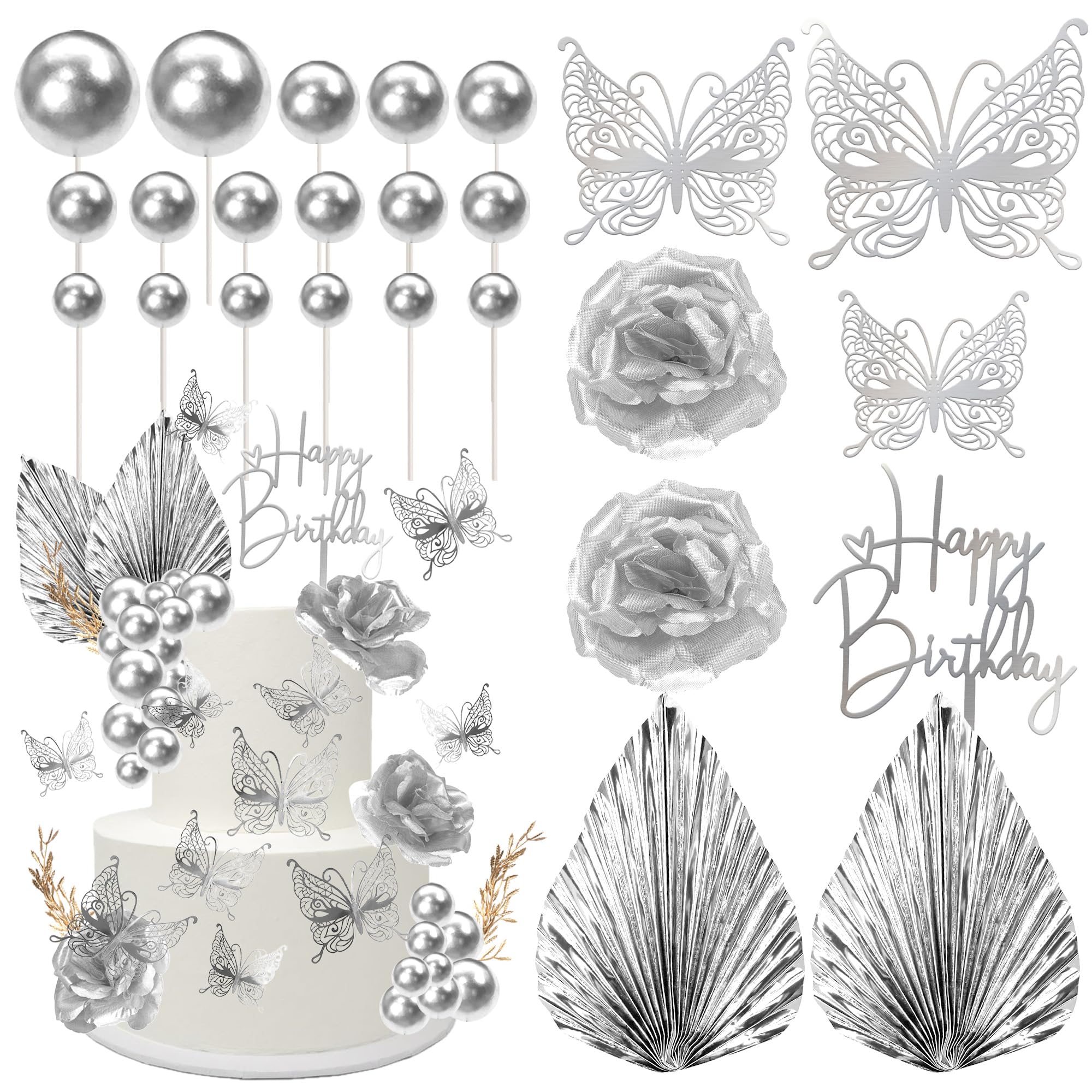 47 Pack Balls Cake Decorations Happy Birthday Flower Butterfly Palm Leaves Cake Toppers Mini Balloon Balls Leaves DIY Cake Decorations for Wedding Anniversary Party Supplies