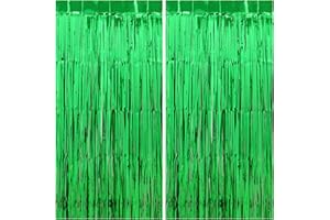 PatiCool Green Streamers Party Decorations - Thicken 2 Pack 3.2 x 8.2 FT - Green Tinsel Foil Fringe Curtains Party Backdrop for Birthday, Dinosaur, Jungle, Football, Golf Themed Party Decorations