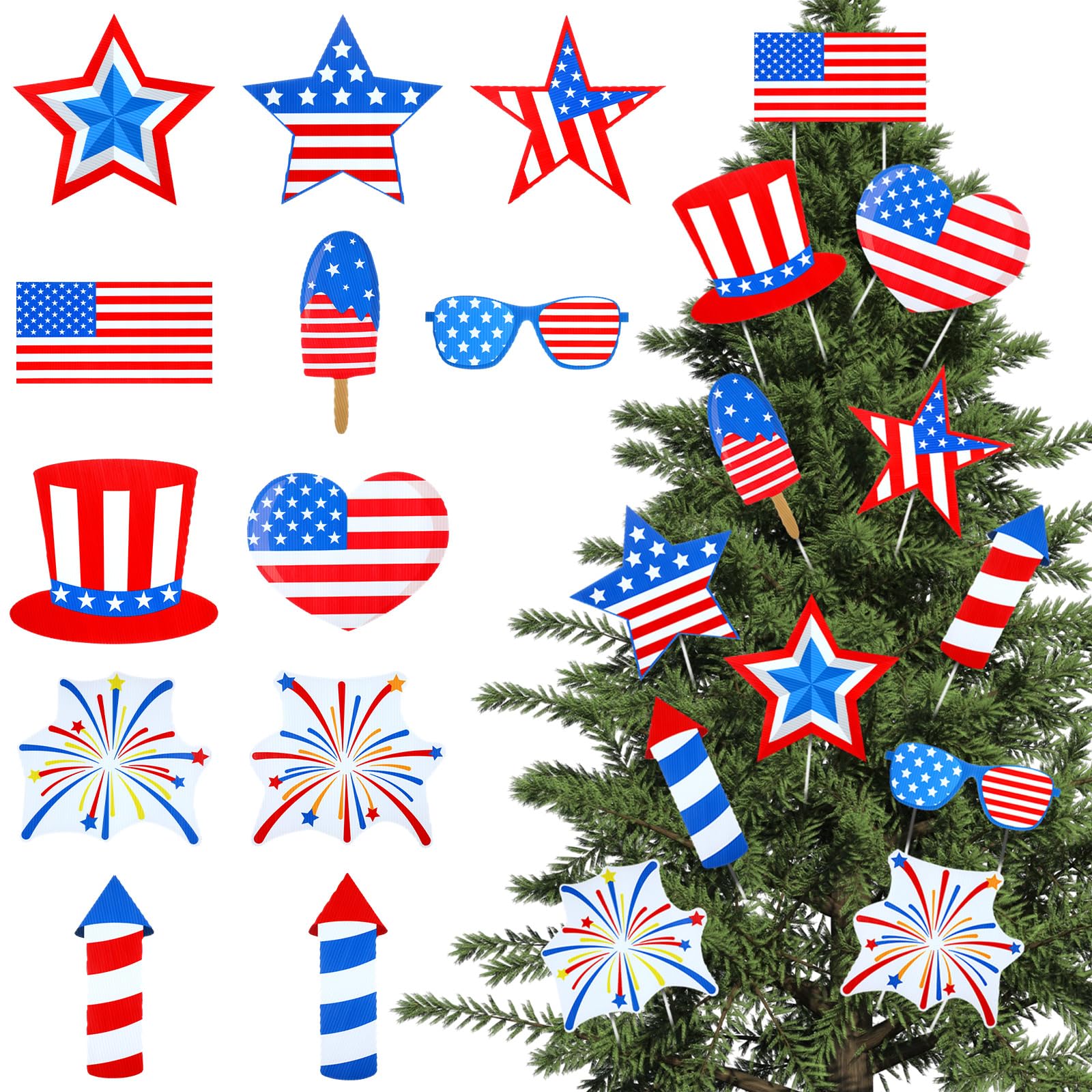 Photo 1 of 12 Pcs Large 4th of July Tree Decorations Patriotic Ornaments Picks for Christmas Tree Plastics Foam Core Red White Blue Picks for July 4th Party Favors Front Door Yard Signs