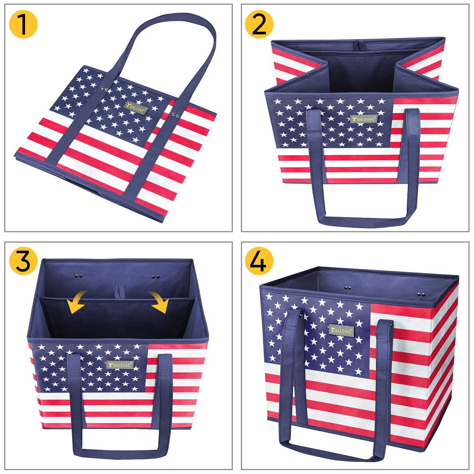 BALEINE 3Pk Reusable Grocery Bags, Foldable Shopping Bags for Groceries with Reinforced Bottom & Handles (Patriot Celebration)