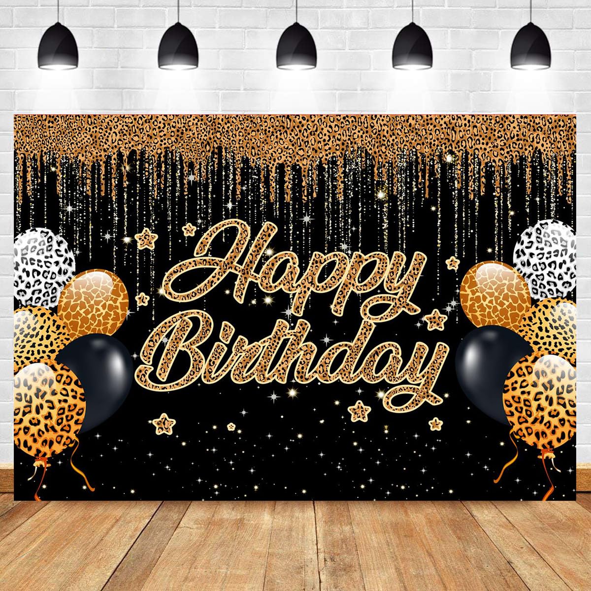 Photo 1 of CapiSco Leopard Happy Birthday Backdrop for Glitter Black Gold Birthday Party Decorations, Cheetah Birthday Party Decoration Gold Leopard Birthday Photography Background Banner 8x6ft