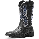 TruVeld Men’s Western Cowboy Boot -Classic Embroidered Slip-On Square Toe, Slip-Resistant Country Boots with Chunky Heel, Durable Ankle Boots for Spring & Fall