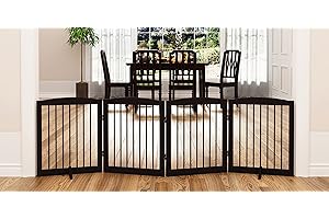 PUPETPO Freestanding Pet Gate for Dogs, Foldable Wooden Dog Gate for House, Indoor Dog Gate for Stair, Doorway, Gates for Dogs Indoor, 80 Inch Wide, 4 Panels 24",Brown