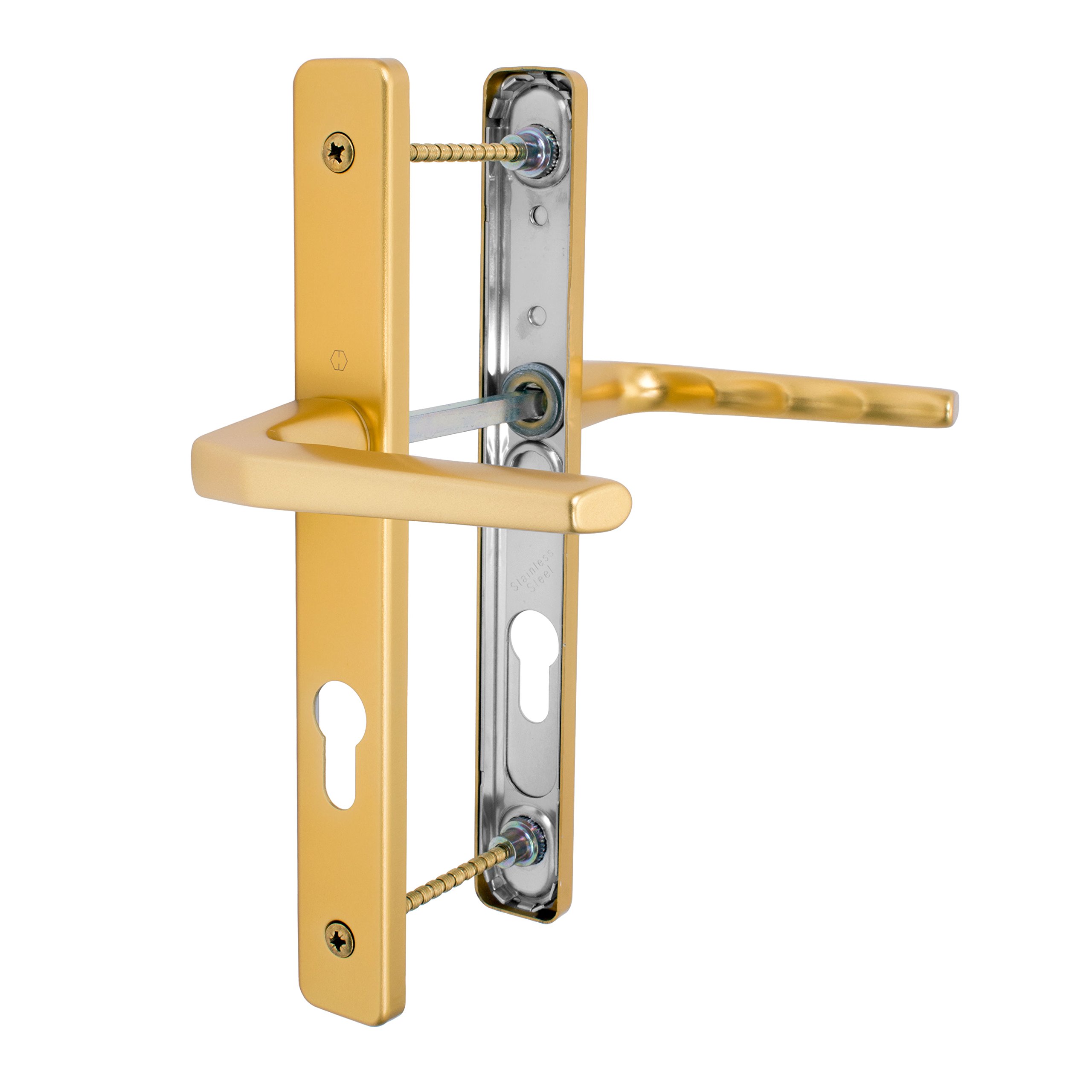 UPVC Door Handle Hoppe Ferco 70mm 70PZ 200mm Fixings Double Glazing Pair Set Colour: Satin Gold