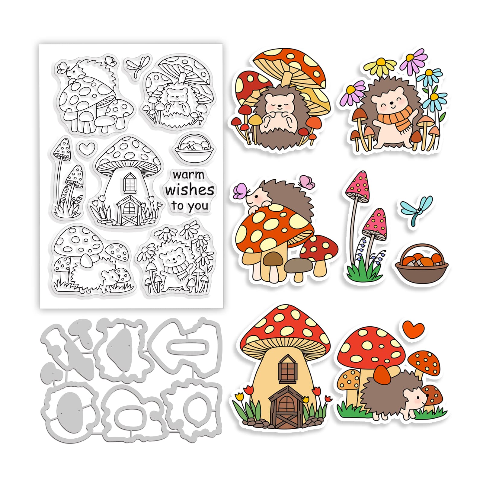 GLOBLELAND Mushroom House Theme Clear Stamps and Die Cuts Hedgehog Silicone Stamps Cards and Metal Cutting Dies for Card Making and DIY Embossing Scrapbooking