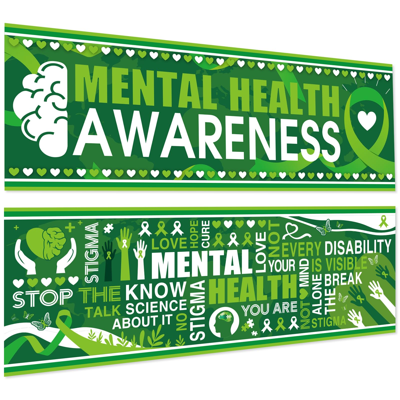Photo 1 of Harloon 2 Pcs Mental Health Awareness Decoration 13.8 x 38.6 Inch Mental Health Month Decorations Motivational Green Classroom Decor for School Wall Indoor Outdoor Bulletin Board Party (Green Ribbon)