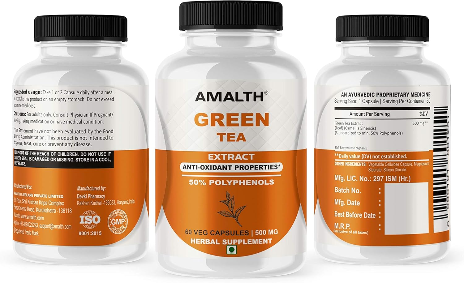 Green Tea 50 Polyphenols Extract 500 mg Veg Capsules with ECGC for