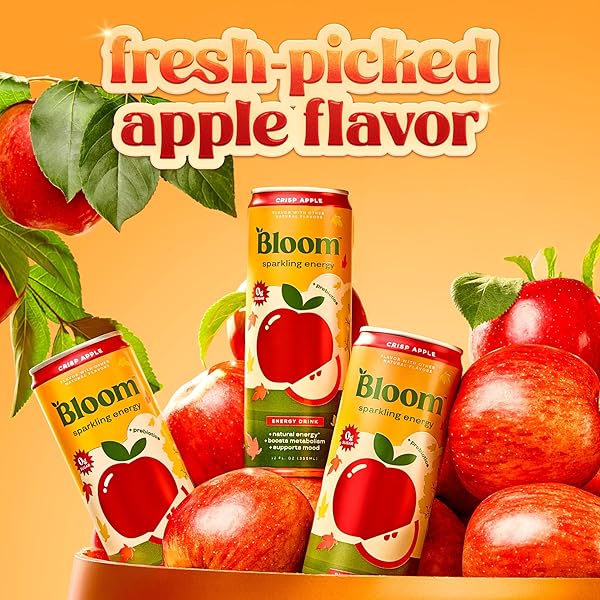 BLOOM NUTRITION SPARKLING ENERGY DRINK – NATURAL CAFFEINE, ZERO SUGAR, 180MG CAFFEINE – ANTIOXIDANT-RICH WITH GREEN COFFEE BEAN, GREEN TEA EXTRACT, PREBIOTICS – CRISP APPLE – 12OZ 12 PACK