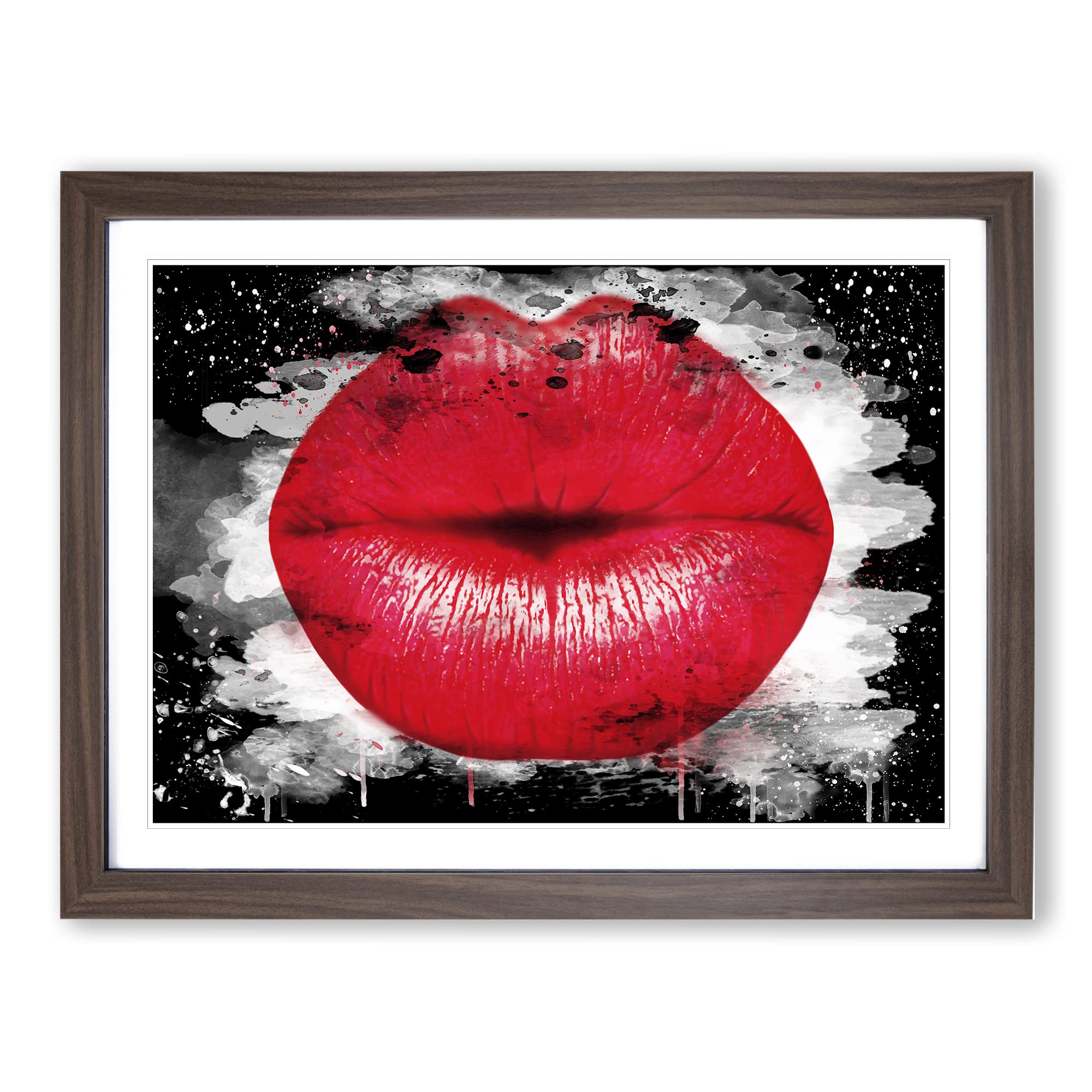 Red Lips Kiss Modern CB Framed Wall Art Print, Ready to Hang Picture for Living Room Bedroom Home Office Décor, Walnut A3 (46 x 34 cm)
