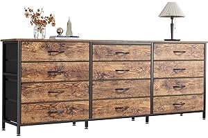 PRAISUN 63 Inch Long Dresser TV Stand for 65, 70 Inch TV, 12 Drawer Dresser for Closet, Bedroom, Large Fabric Drawers, Entryway Hallway Chest of Drawers, Wooden Top, Media Console, Rustic Brown