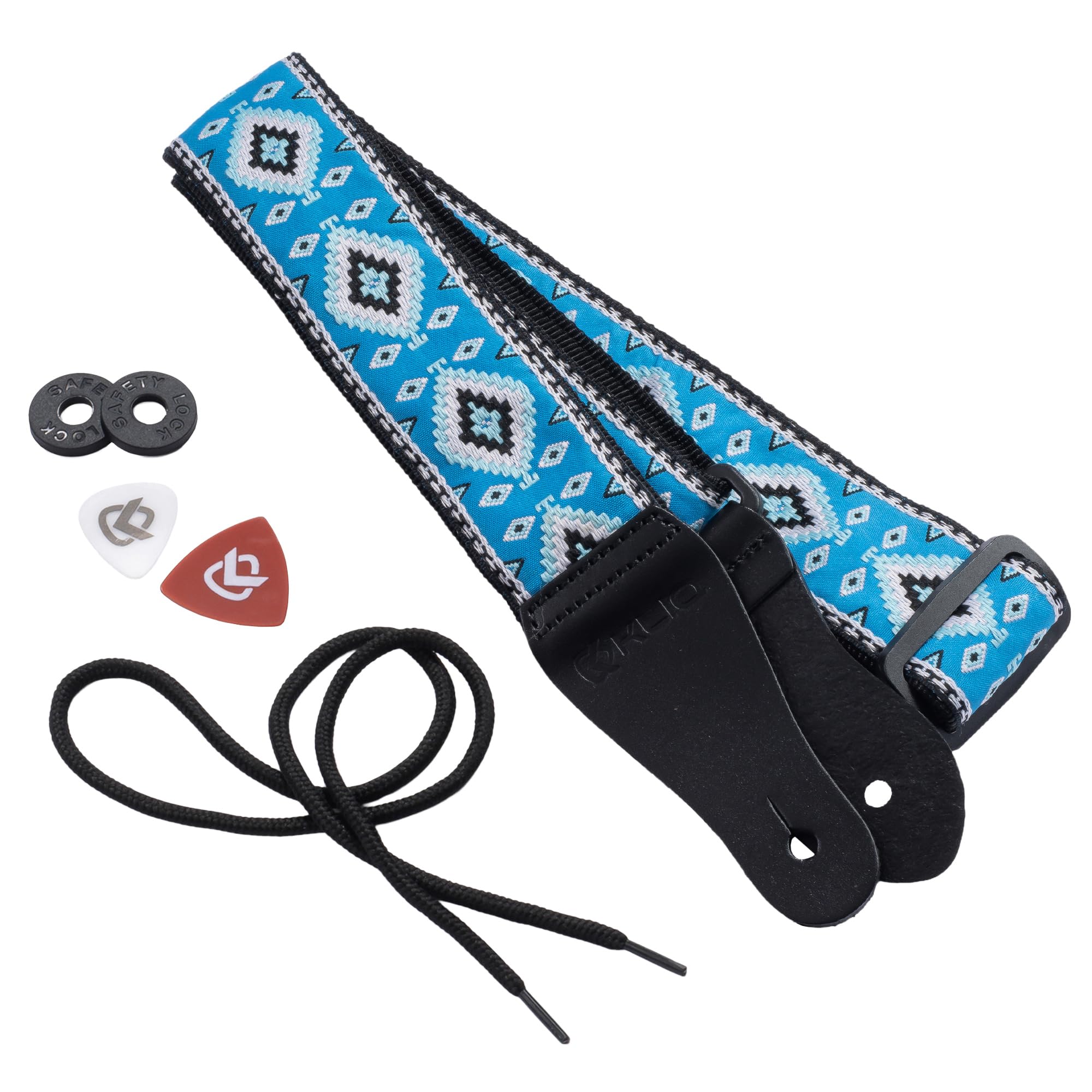 KLIQ Vintage Woven Guitar Strap for Acoustic and Electric Guitars | '60s Jacquard Weave Hootenanny Style | 2 Rubber Strap Locks Included (Diné, Sky/Turquoise)