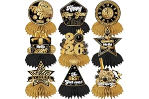 CUIXINCLT Happy New Years Decorations 2026 Honeycomb Centerpieces 9Pcs Double Sided Black and Gold New Years Table Decorations 3D Hello 2026 NYE Table Topper for New Years Eve Party Supplies Decor