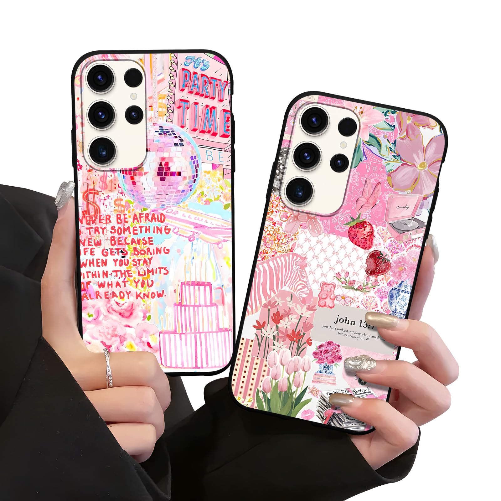 Zrutru 2 Pack Preppy Collage Phone Case for Samsung Galaxy S23 Ultra 5G 6.8",Cute Flower Aesthetic Floral Cases Cool Y2K Strawberry Print Cover for Women Girls,Black Slim Protection Funda S23 Ultra