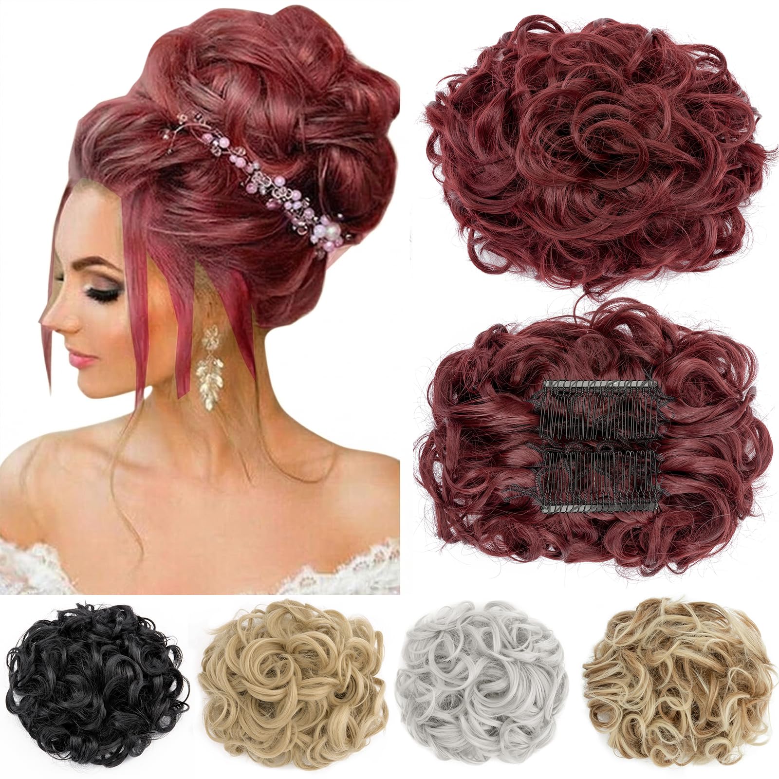 Messy Bun Hair Piece with Combs Clip in Scrunchie Juva Bun Dish Fluffy Wavy Hair Updo Easy Stretch Big Chignon Short Ponytail Hairpiece for Women Wine Red