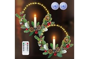 NOMFIX 2Pack Christmas Wreaths for Front Door with Lights & Flickering LED Taper Candles & Remote, 16'' Windows Wreaths, Fireplace Christmas Decorations - Red