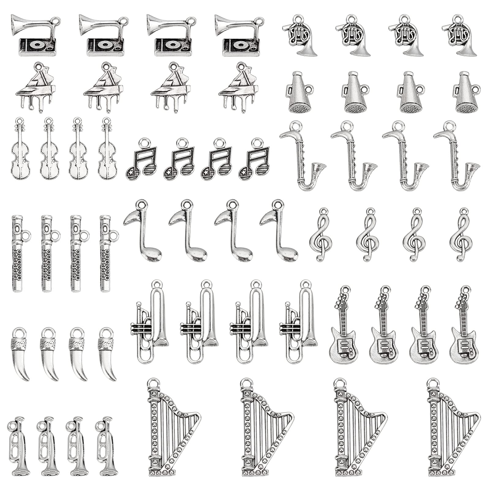 PandaHall 90pcs Music Charms, 15 Designs Tibetan Musical Instrument Notes Symbols Charms Musical Elements Pendants for Music Students Teachers, Necklace Keychain