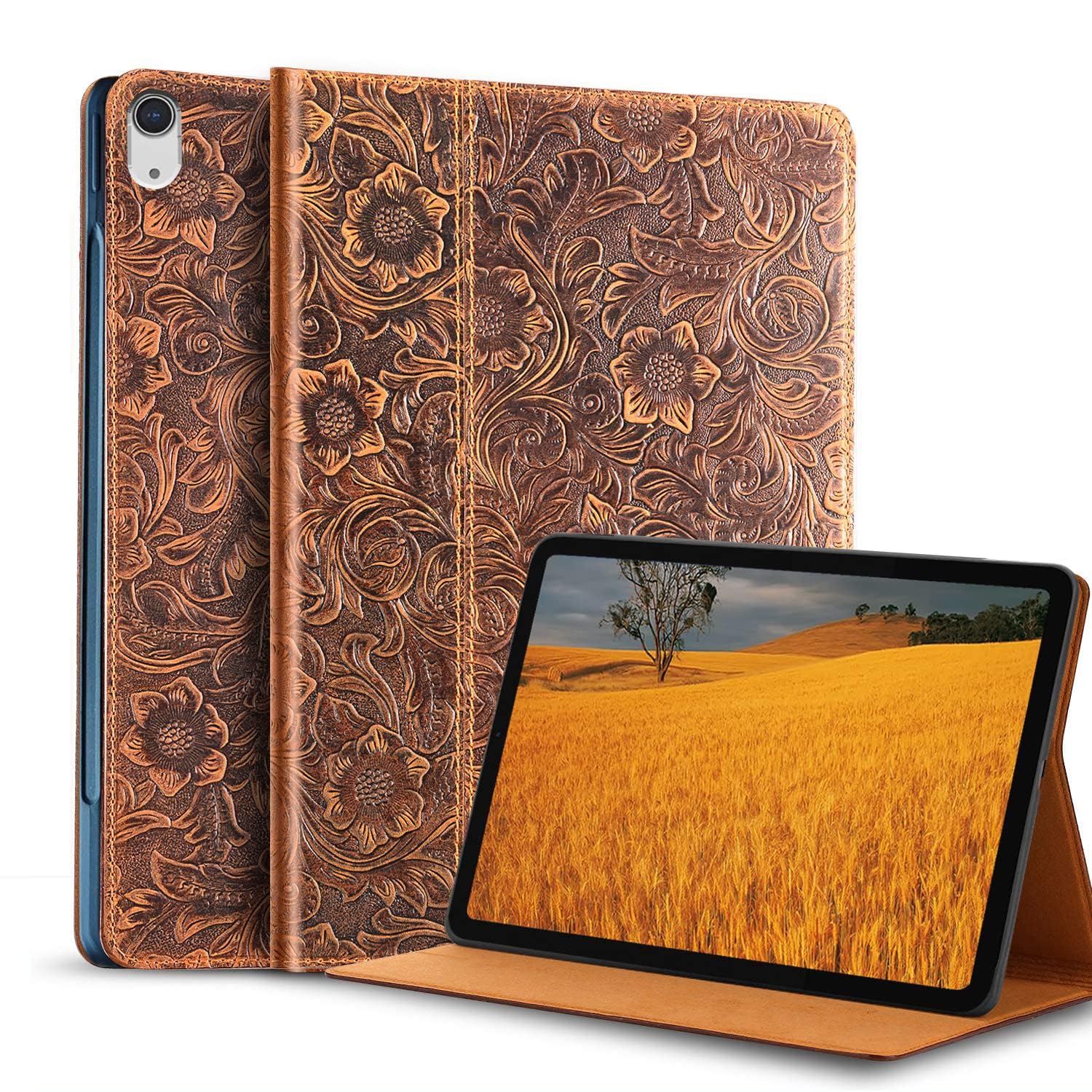 Gexmil for iPad 10.2 Inch Case 2021/2020/2019(9th/8th/7th Generation),Auto Wake/Sleep,Genuine Leather Case with Stand,Flower Brown