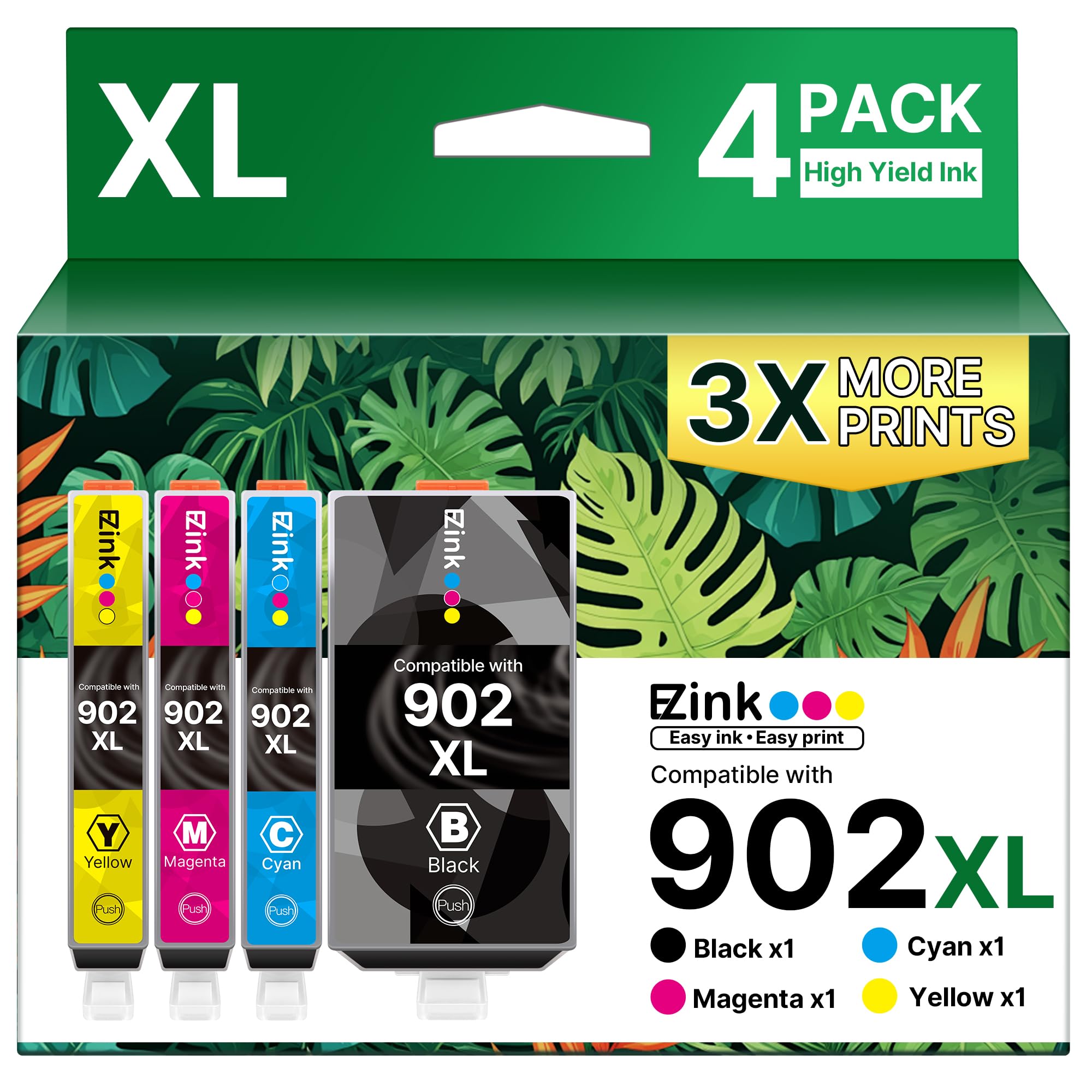 E-Z Ink Compatible 902 902XL Ink Cartridges for HP Printers Replacement for HP 902XL Ink Cartridges Combo Pack 4 Pack for Officejet Pro 6978 6968 6960 6970 Officejet 6951 6954 6956 6958 Printer Image