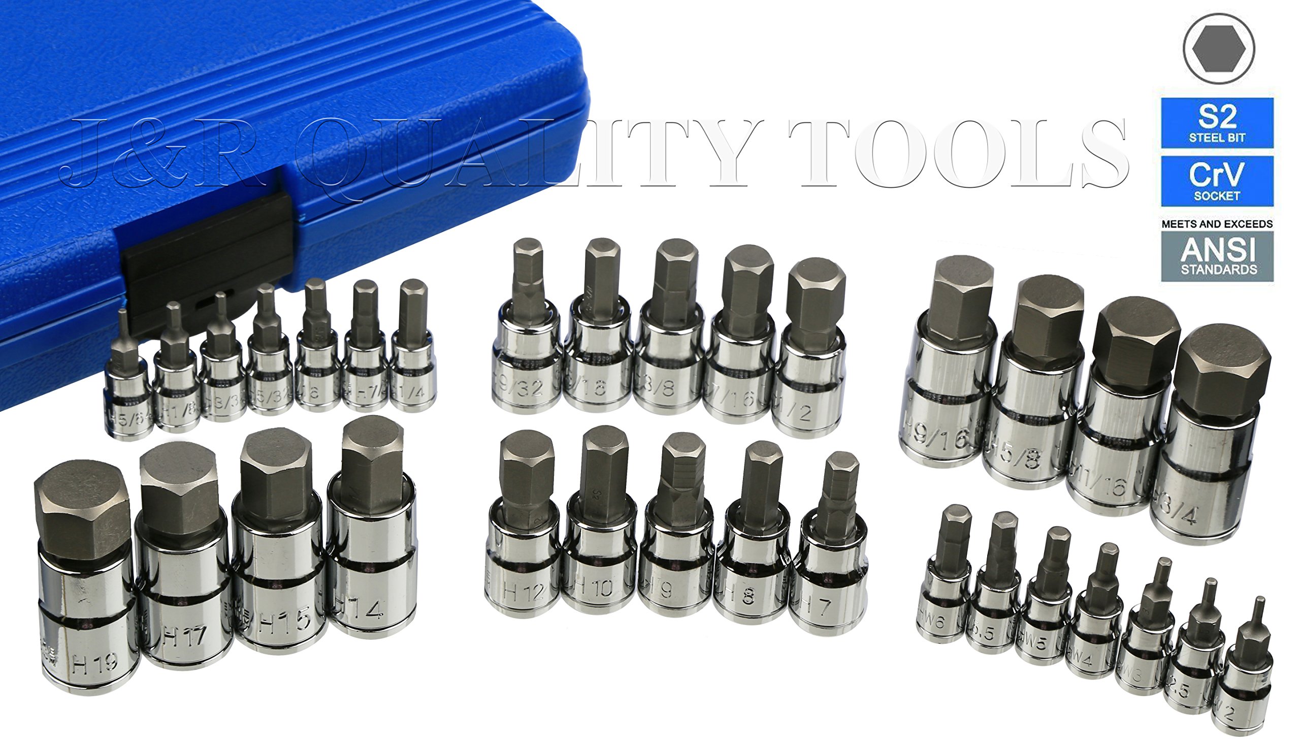 JR Quality Tools Hex Allen Bit Socket Set, SAE and Metric, S2 Steel 32